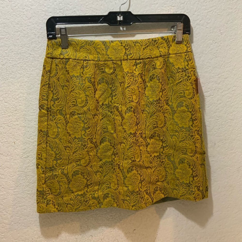Banana Republic Womens Skirt Yellow Jacquard Paisley Classic Corp Retro Glam